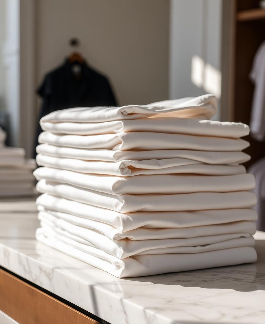 Neatly folded fresh white shirts on marble counter